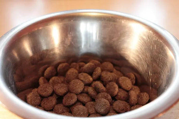 Trockenfutter-Kroketten in einem Edelstahlnapf in Nahaufnahme.